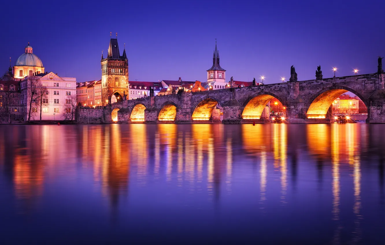 Photo wallpaper water, light, the city, lights, reflection, river, the evening, Prague