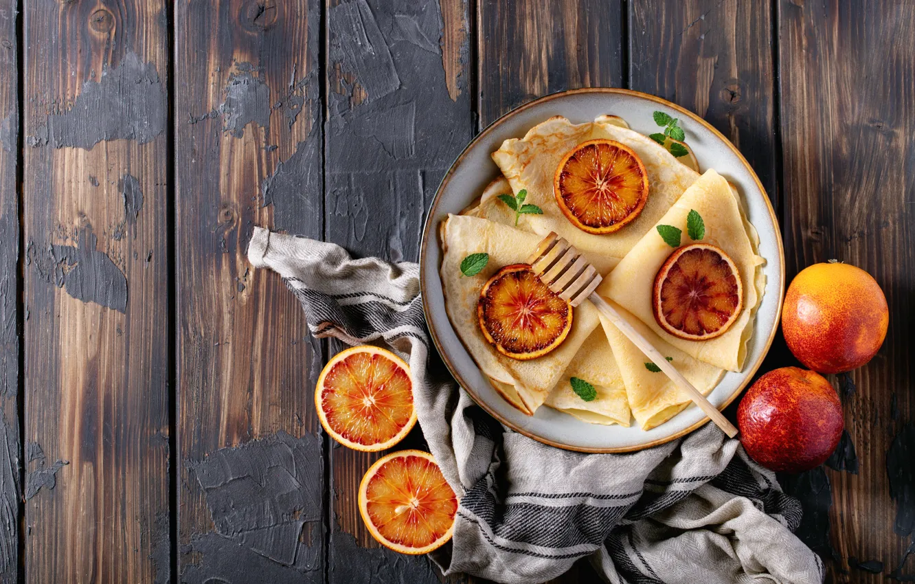 Photo wallpaper orange, plate, pancakes, slices, Roman Dbree