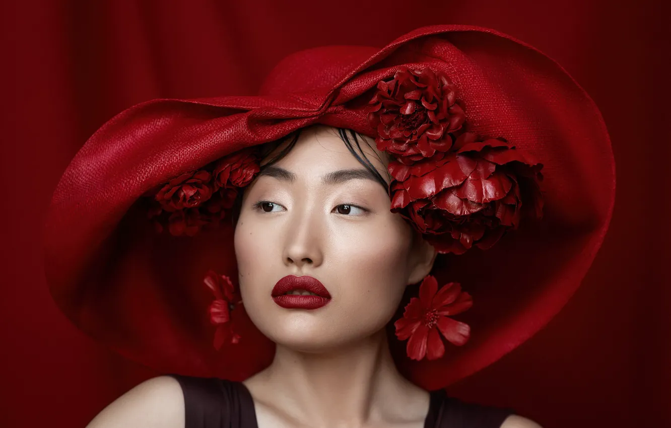 Photo wallpaper girl, style, portrait, hat, Asian