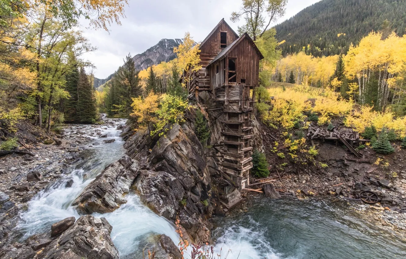 Photo wallpaper river, rocks, house