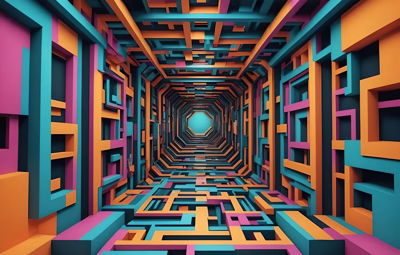 Photo wallpaper line, orange, abstraction, space, pink, blue, wall, perspective