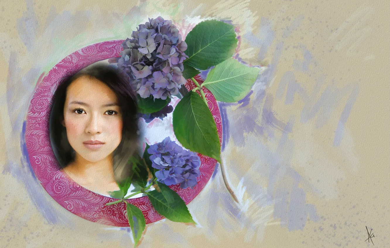 Photo wallpaper look, leaves, girl, flowers, face, background, sweetheart, figure