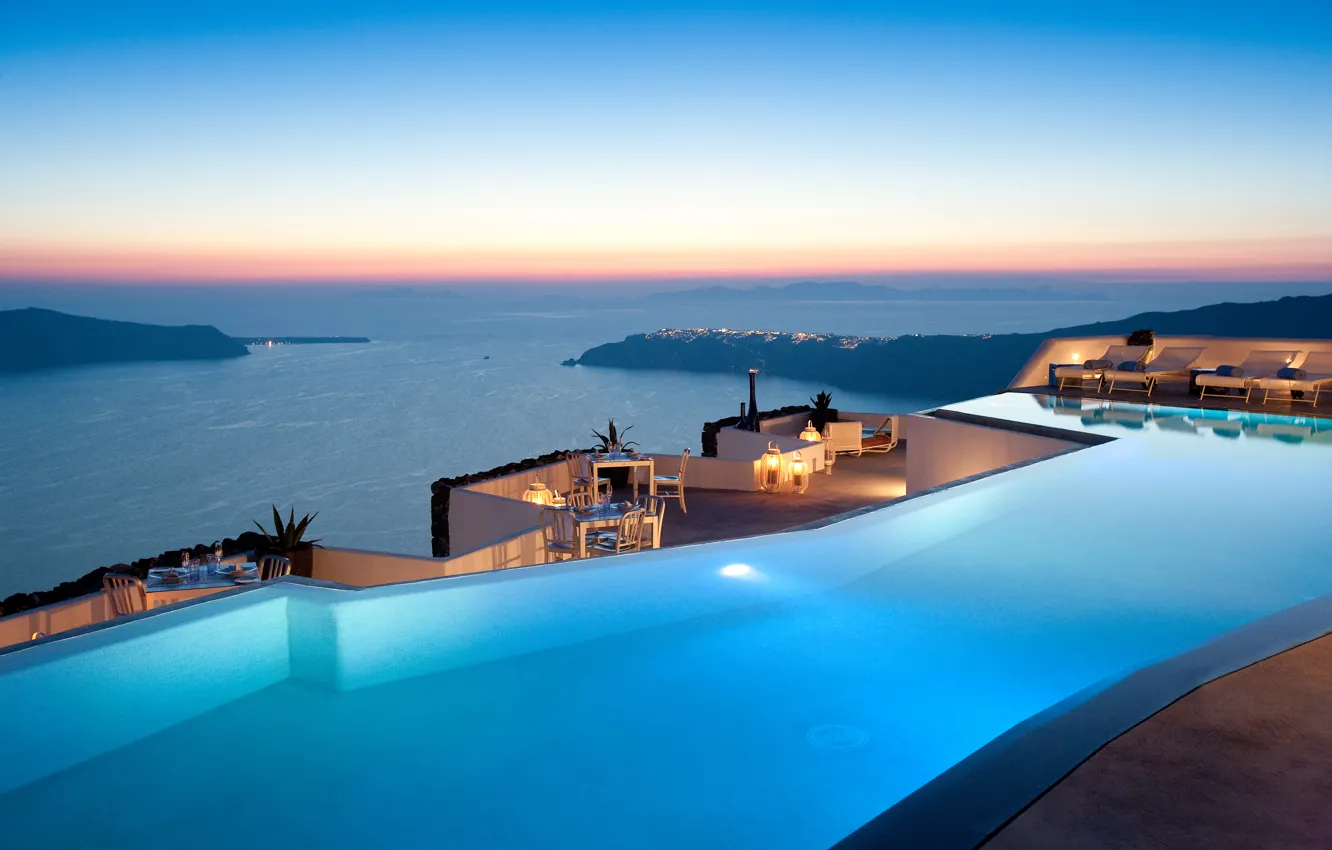 Photo wallpaper sea, the evening, pool, Grace, the hotel, Santorini