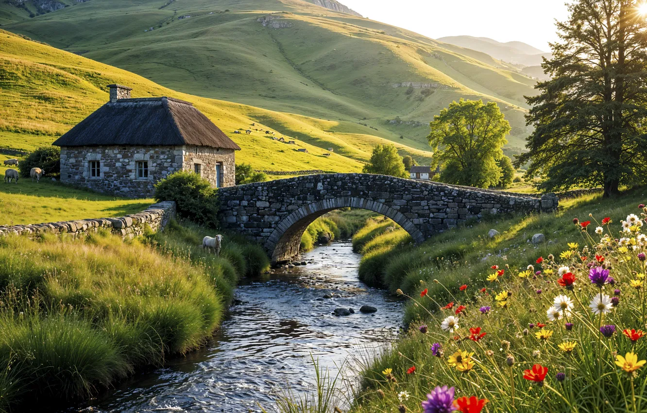 Photo wallpaper flowers, mountains, bridge, river, spring, colorful, village, meadow