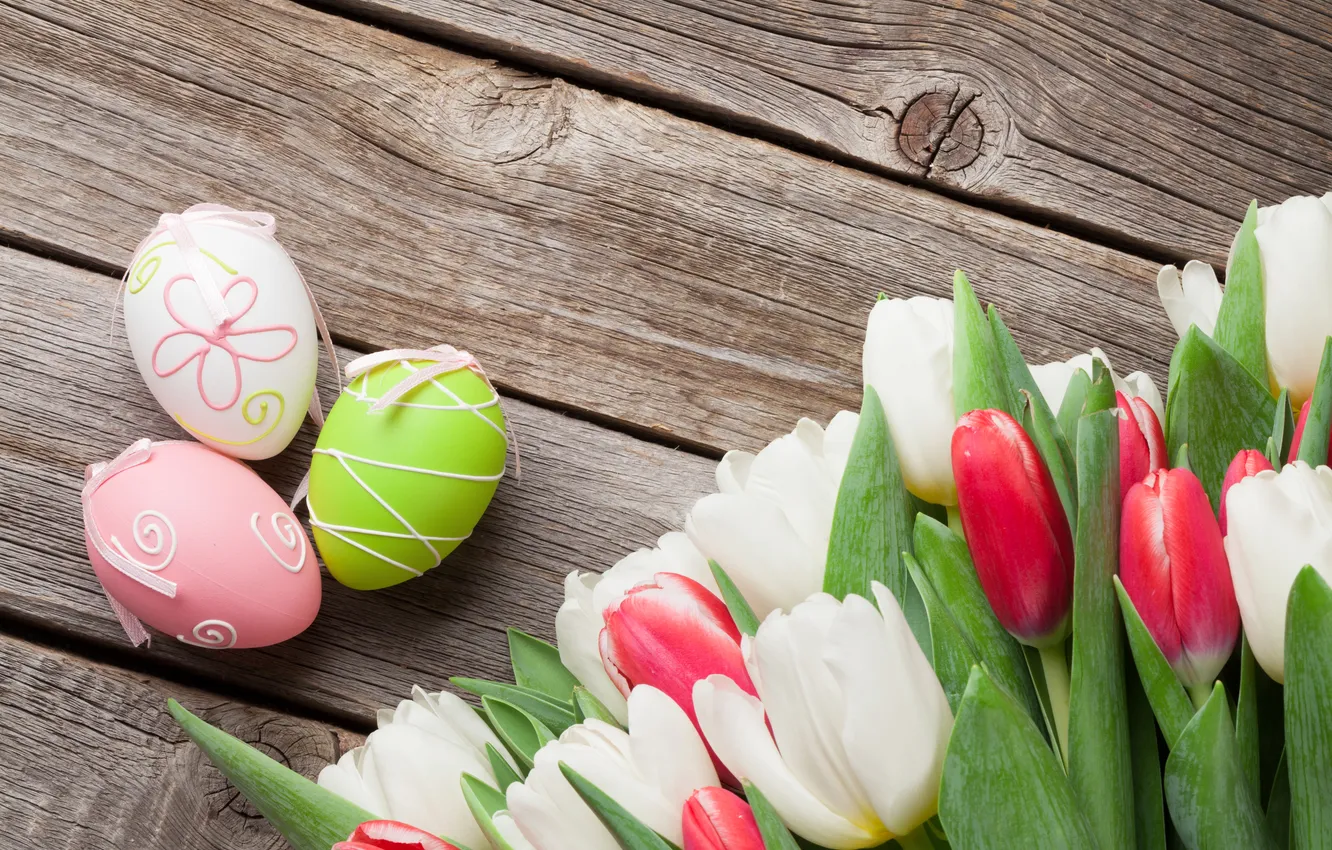 Photo wallpaper flowers, eggs, spring, colorful, Easter, red, happy, wood