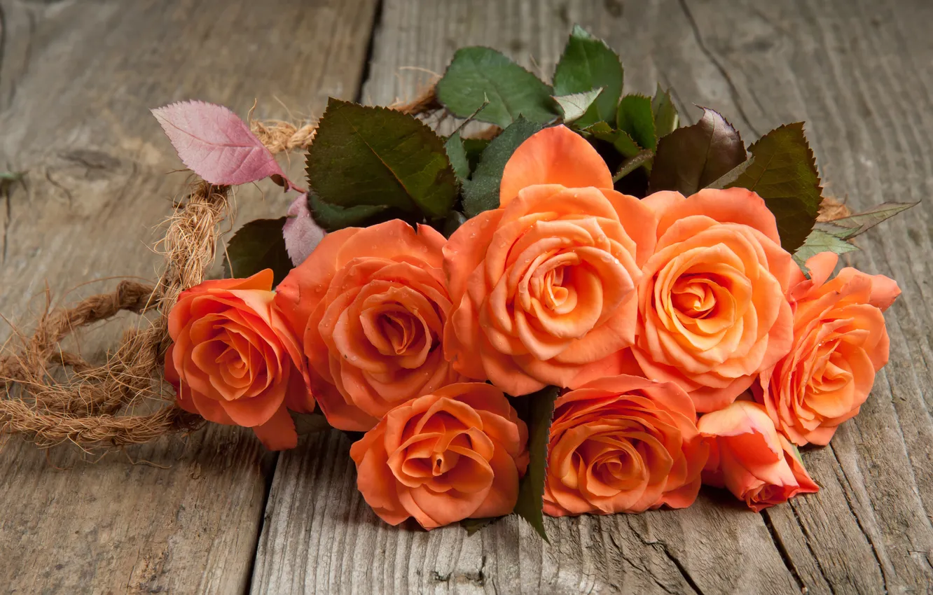 Photo wallpaper leaves, flowers, orange, Board, roses, bouquet, lies