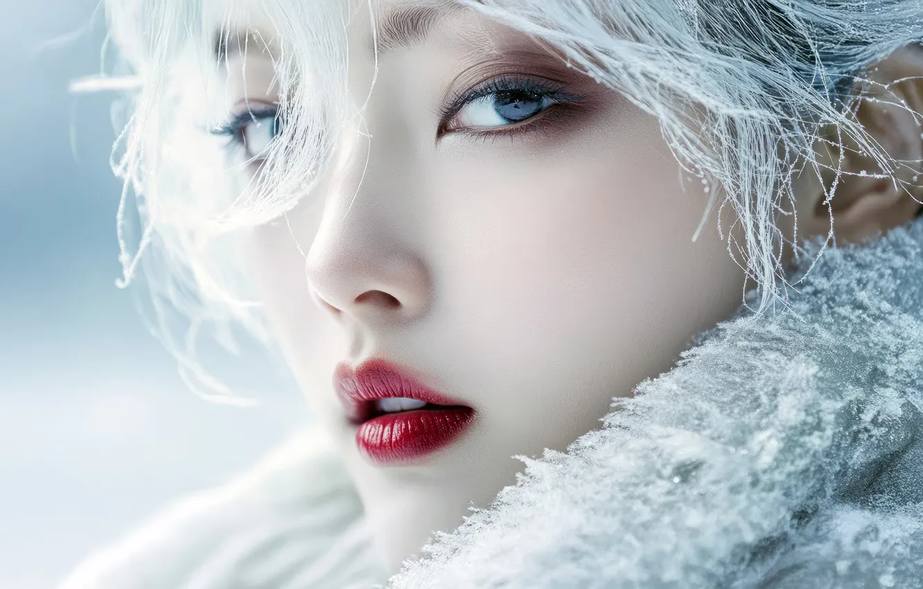 Photo wallpaper winter, frost, look, girl, snow, face, winter, portrait