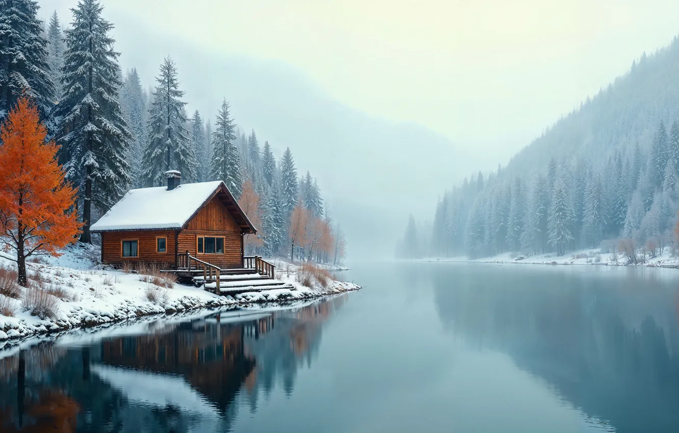 Photo wallpaper winter, forest, snow, mountains, river, tree, house, house