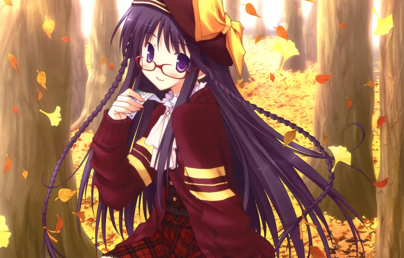 Photo wallpaper autumn, leaves, girl, trees, anime, art, glasses, bow