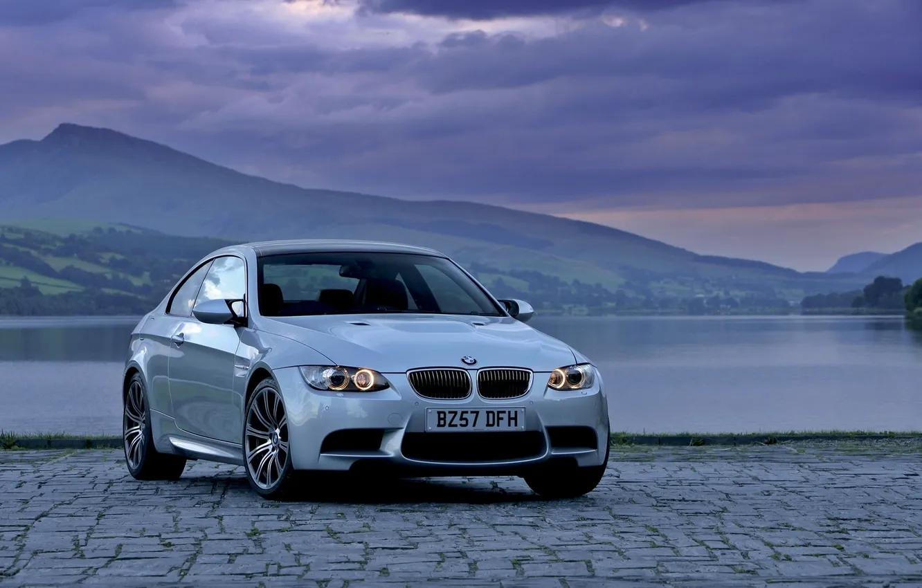 Photo wallpaper The evening, Auto, Lake, BMW, Grey, BMW, Pavers, The front
