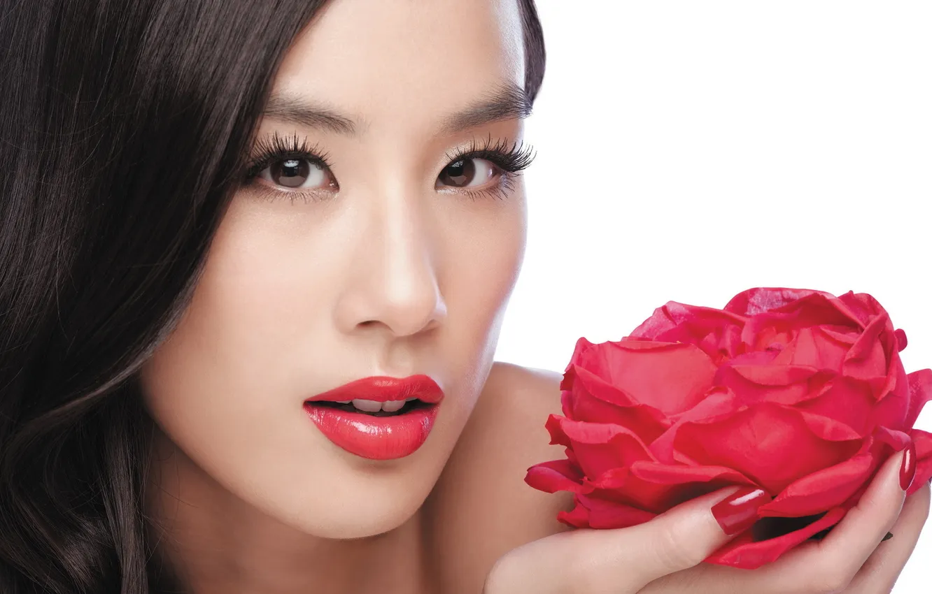 Photo wallpaper flower, look, girl, makeup, Asian, red lips, Huỳnh Thánh Y
