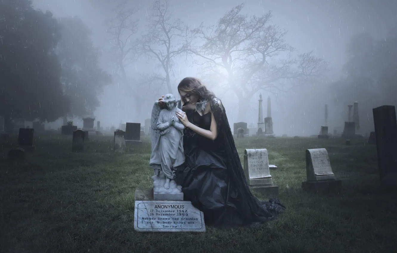 Photo wallpaper girl, rain, angel, cemetery, headstone, mourning