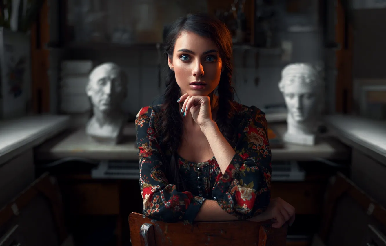 Photo wallpaper look, girl, sweetheart, Desk, portrait, brunette, light, braid