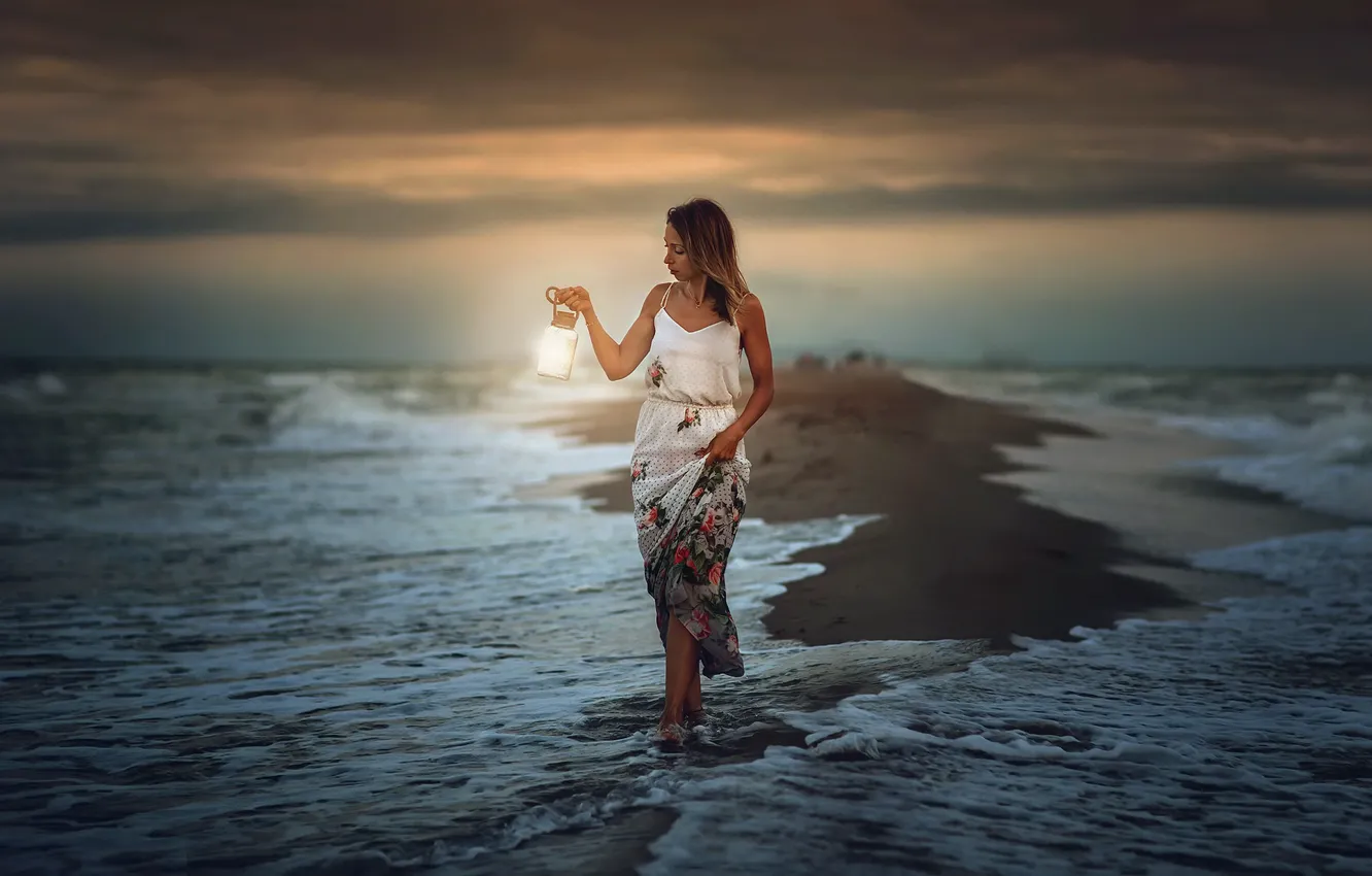 Photo wallpaper sea, girl, shore, lamp