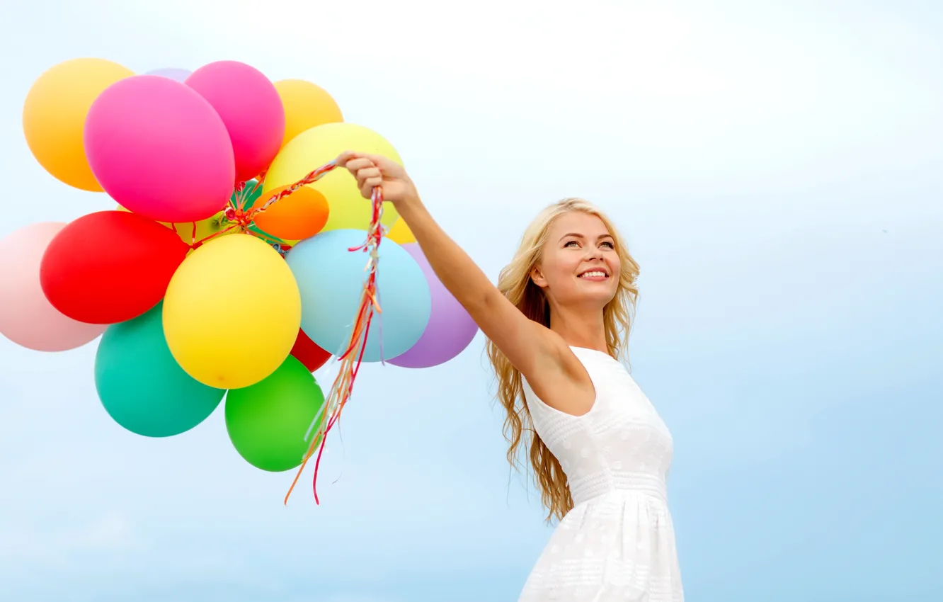 Photo wallpaper girl, balls, joy, happiness, balloons, colorful, sky, woman