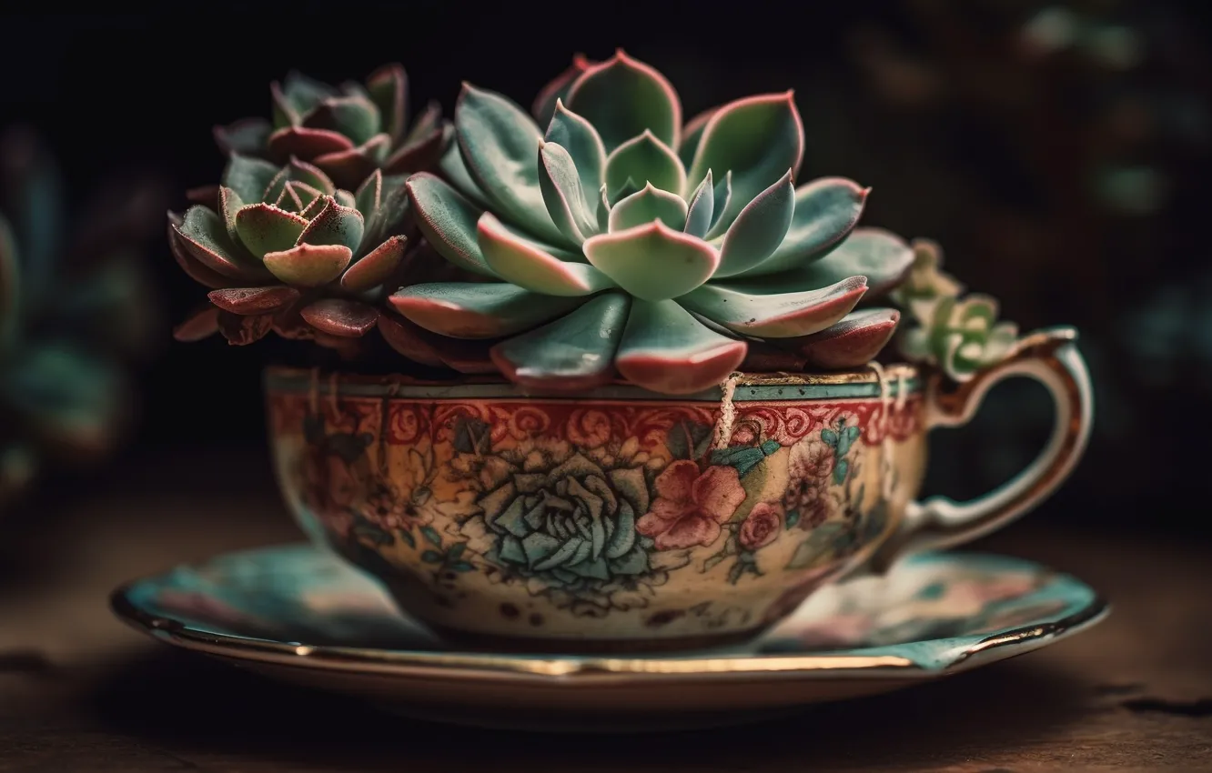 Photo wallpaper plant, mug, Cup, still life, saucer, composition, digital art, succulents