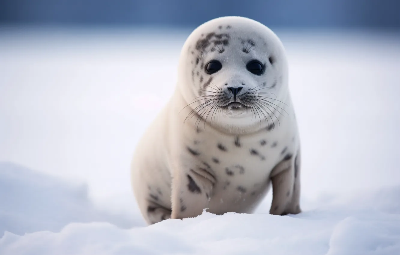 Photo wallpaper winter, look, snow, seal, baby, the snow, cub, face