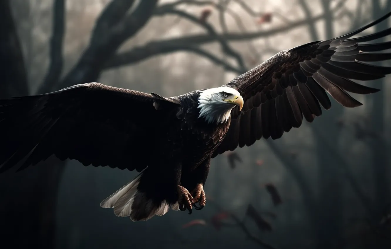 Photo wallpaper trees, flight, eagle, wings, predator, bald eagle, digital art, AI art