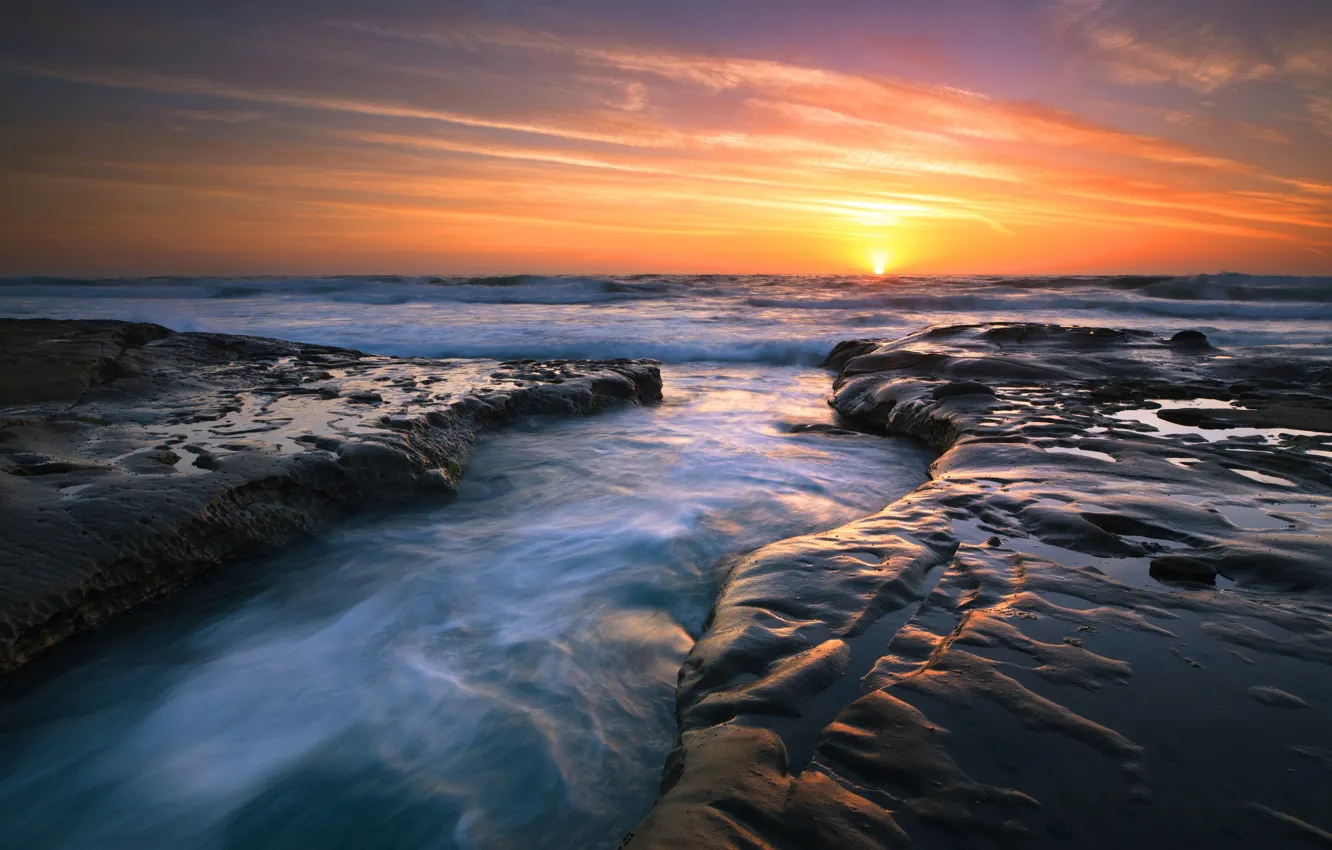 Photo wallpaper sea, the sun, sunset, coast, surf, rocky shore
