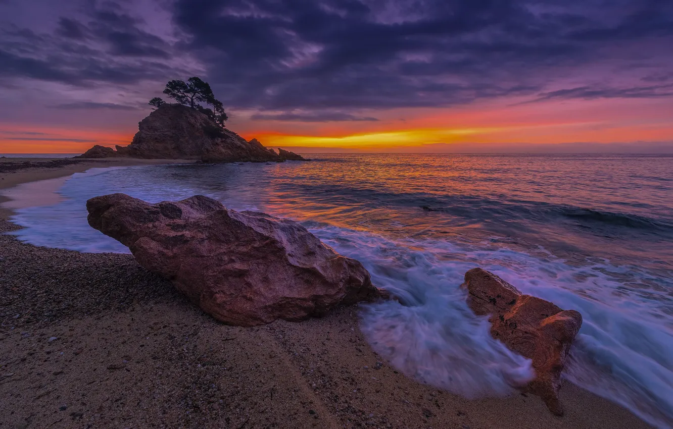 Photo wallpaper sand, sea, beach, the sky, trees, sunset, stones, rocks