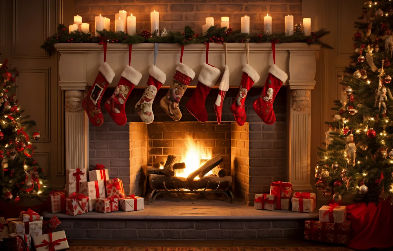 Photo wallpaper lights, comfort, heat, room, flame, furniture, new year, home