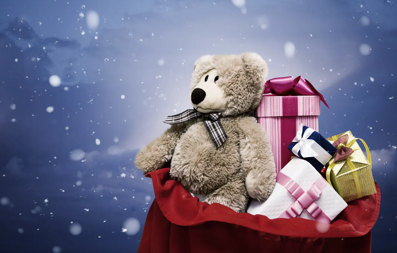 Photo wallpaper snow, grey, holiday, box, gift, toy, new year, bear