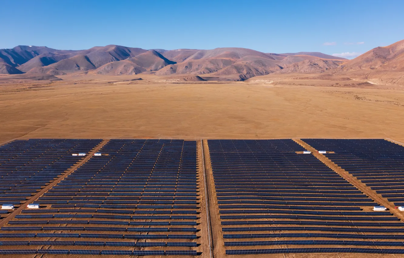 Photo wallpaper desert, electro, view, sun, station, Valley, aerial, electricity