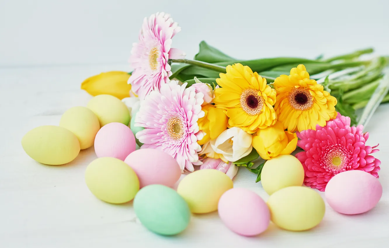 Photo wallpaper flowers, eggs, spring, colorful, Easter, happy, flowers, spring