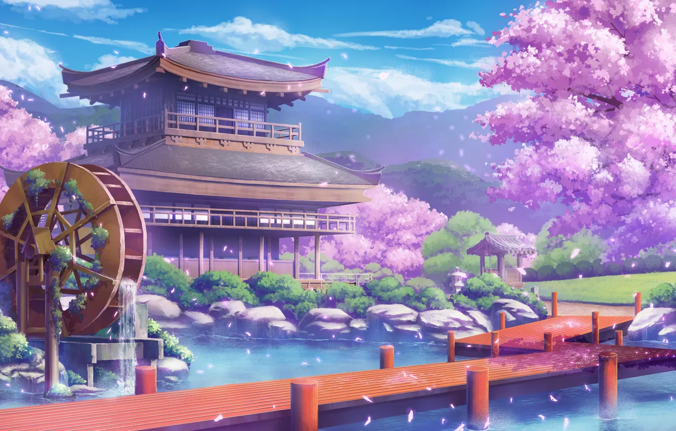 Photo wallpaper Park, castle, building, home, spring, Sakura