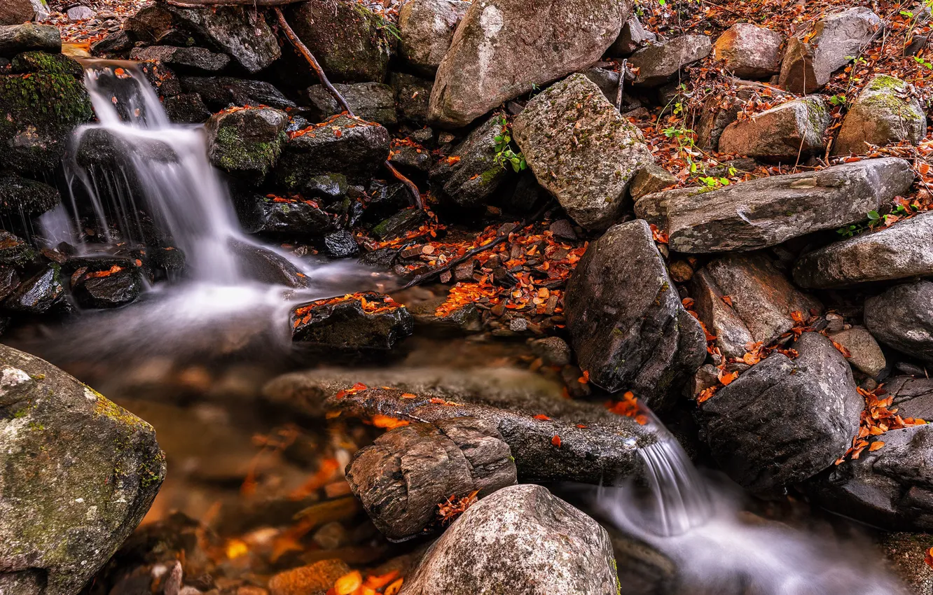 Photo wallpaper autumn, stones, waterfall, boulders