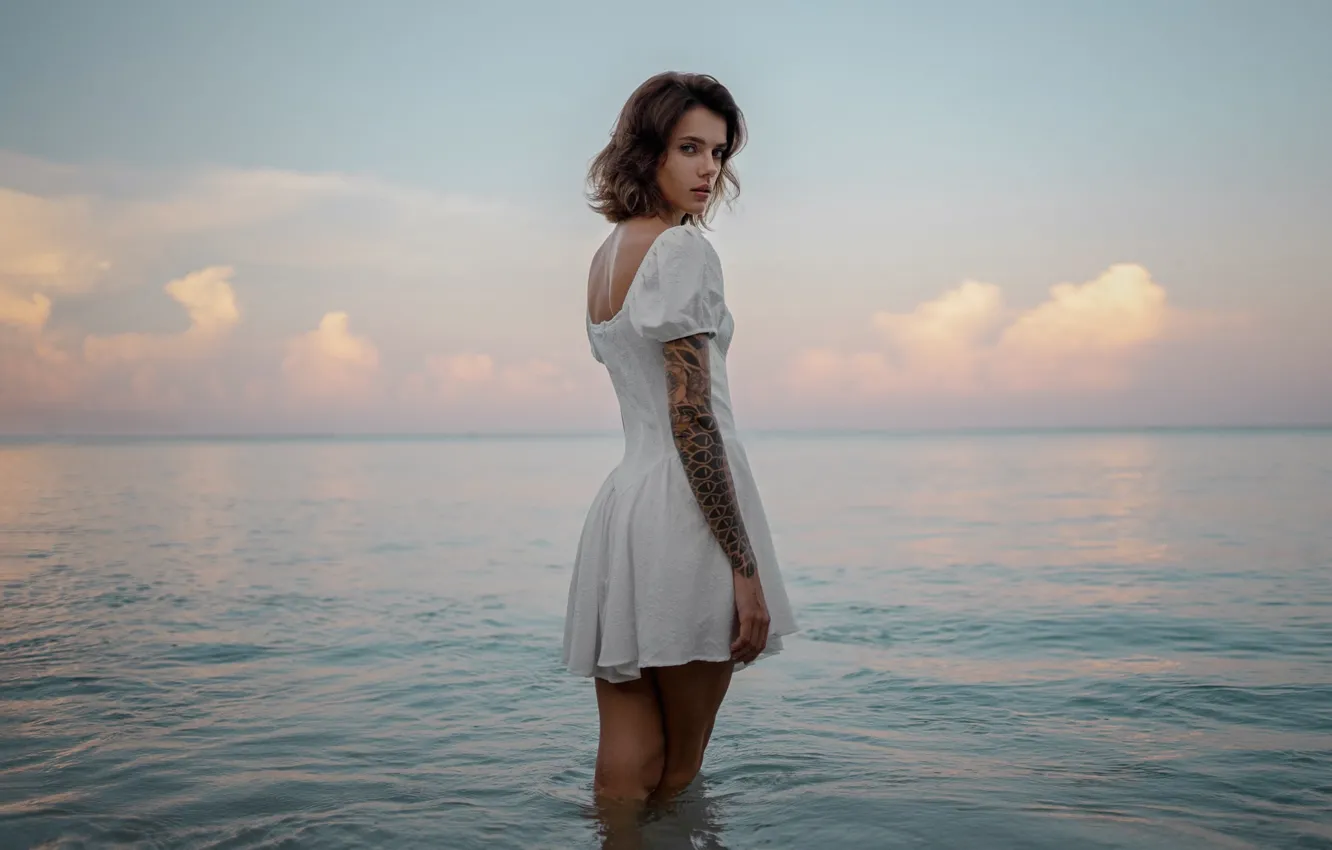 Photo wallpaper sea, beach, look, girl, model, dress, tattoo, beautiful