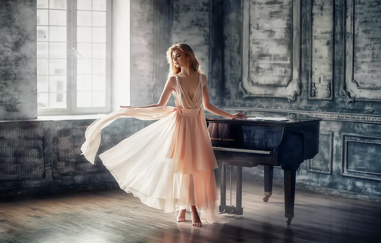 Photo wallpaper girl, dance, barefoot, dress, piano, window, blonde, barefoot