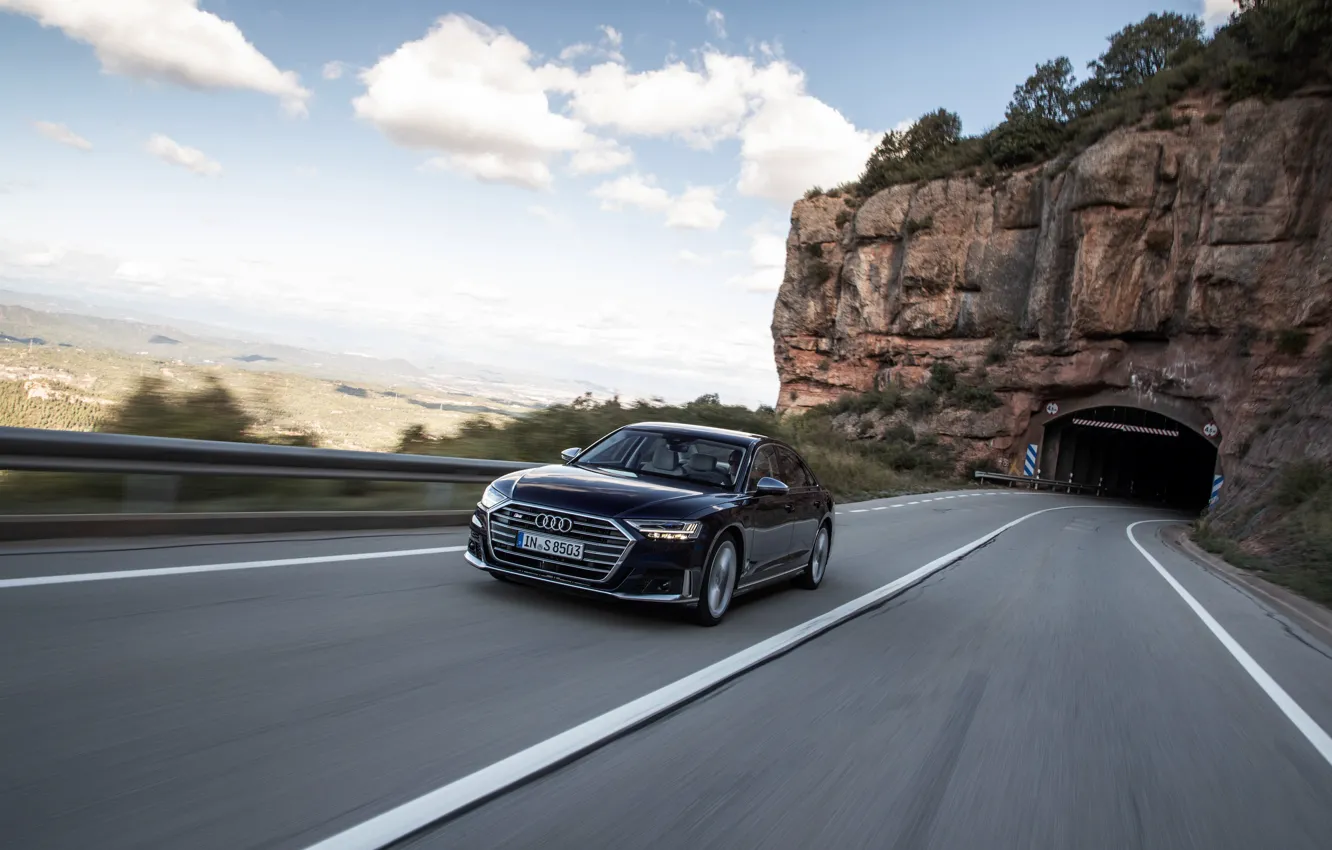 Photo wallpaper road, blue, rock, Audi, the tunnel, sedan, Audi A8, Audi S8
