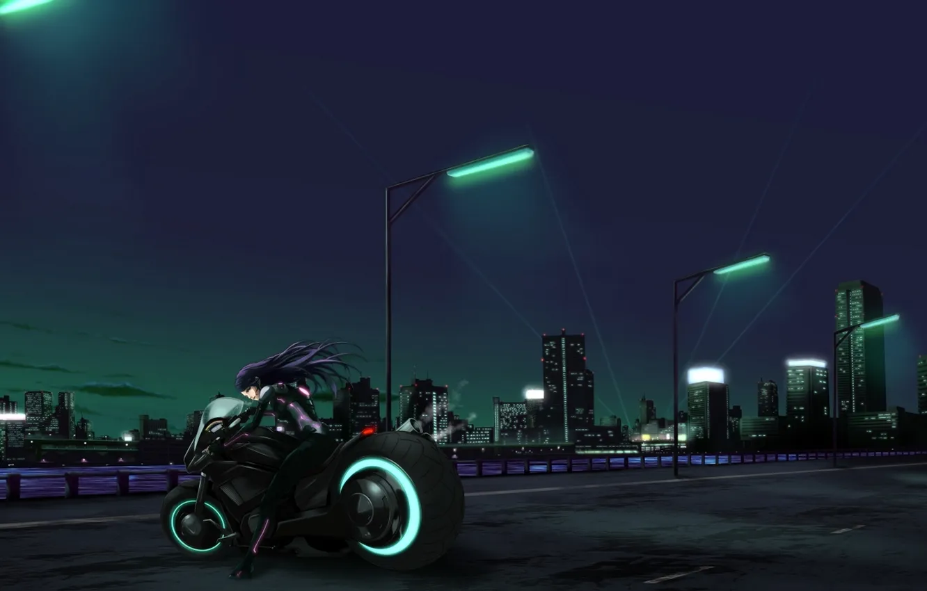 Photo wallpaper girl, night, bridge, the city, river, anime, art, lights