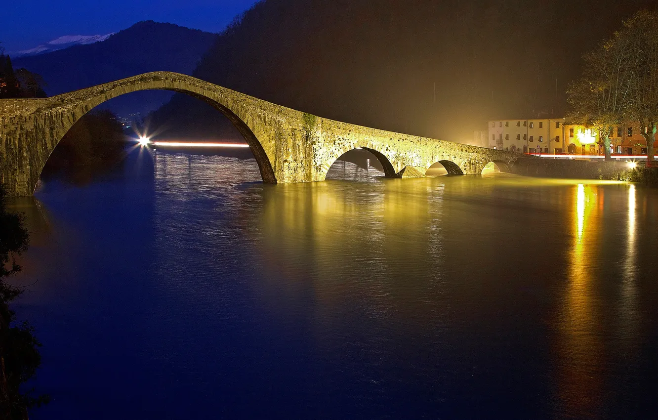 Photo wallpaper mountains, night, lights, Italy, Tuscany, Borgo a mozzano, the bridge of Mary Magdalene