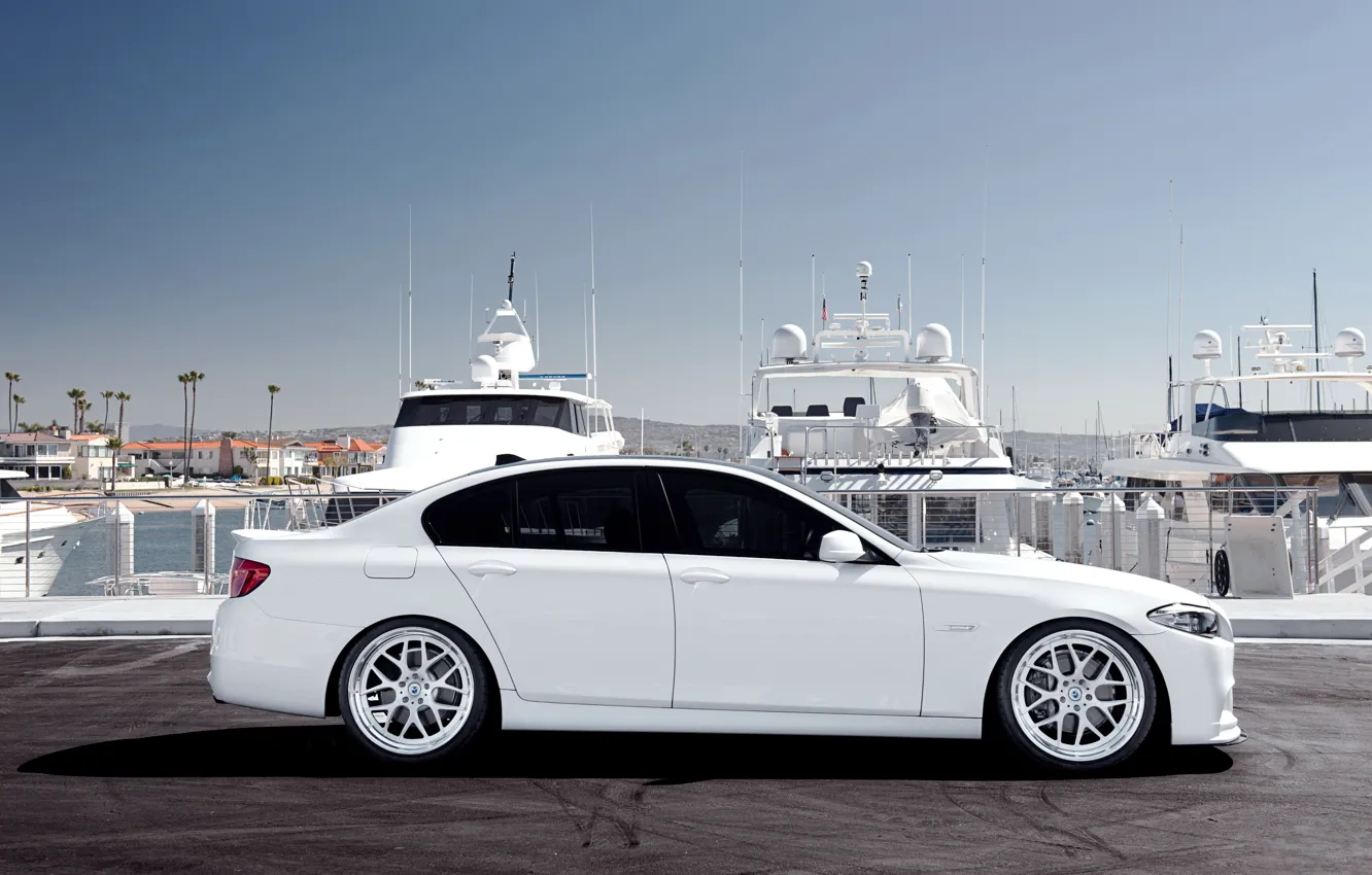 Photo wallpaper BMW, yachts, BMW, pier, white, white, F10, 5 Series