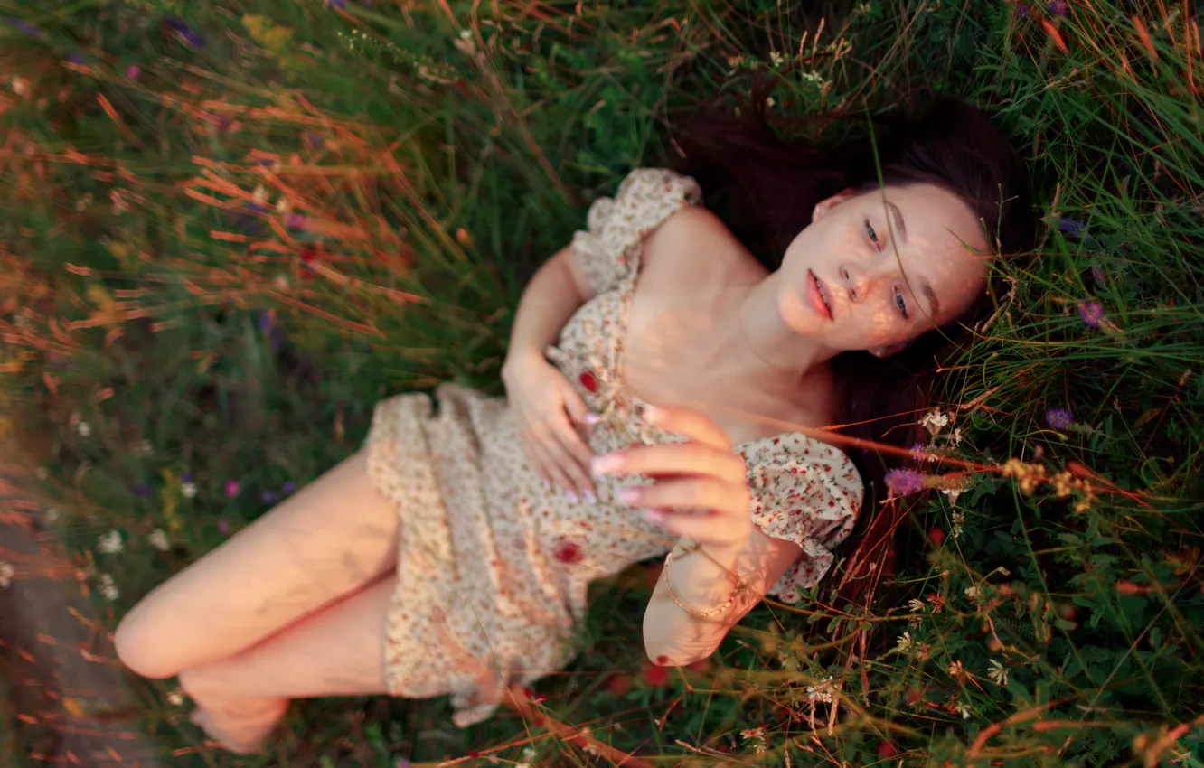 Photo wallpaper grass, girl, pose, hands, dress, legs, nature, Evgeny Bulatov