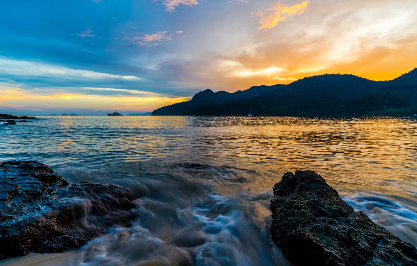 Photo wallpaper sea, wave, the sky, clouds, light, sunset, mountains, blue