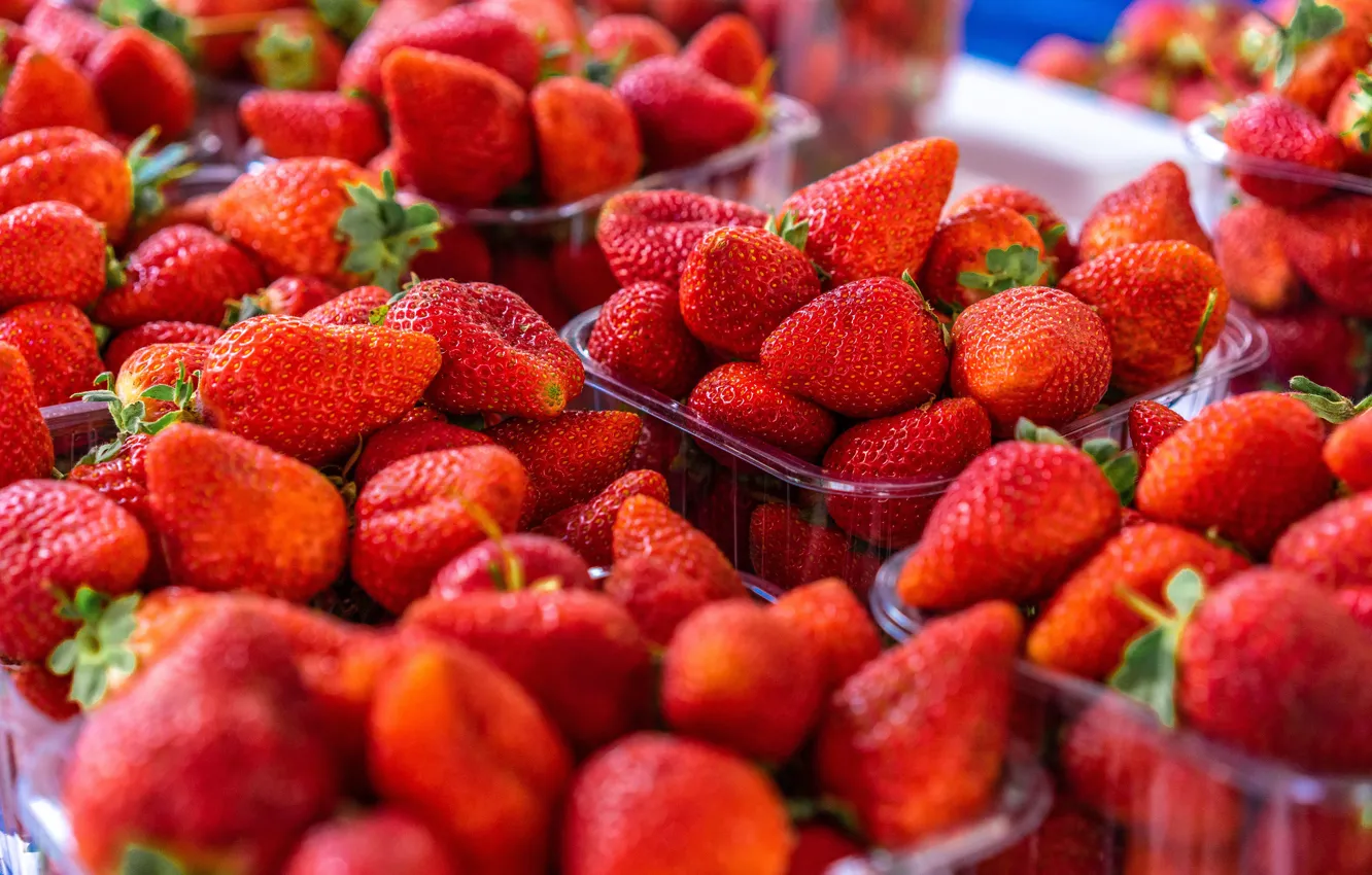 Photo wallpaper berries, harvest, strawberry, red, a lot, containers, bokeh, trays