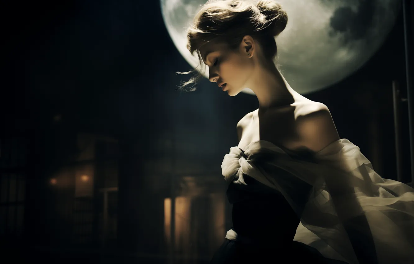 Photo wallpaper girl, light, night, face, the city, pose, the dark background, the moon