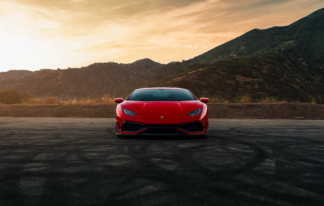 Photo wallpaper mountains, red, front view, Lamborghini Huracan