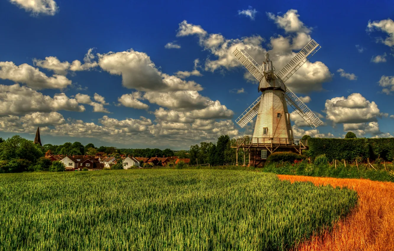 Photo wallpaper field, clouds, England, Kent, village, mill, England, Kent