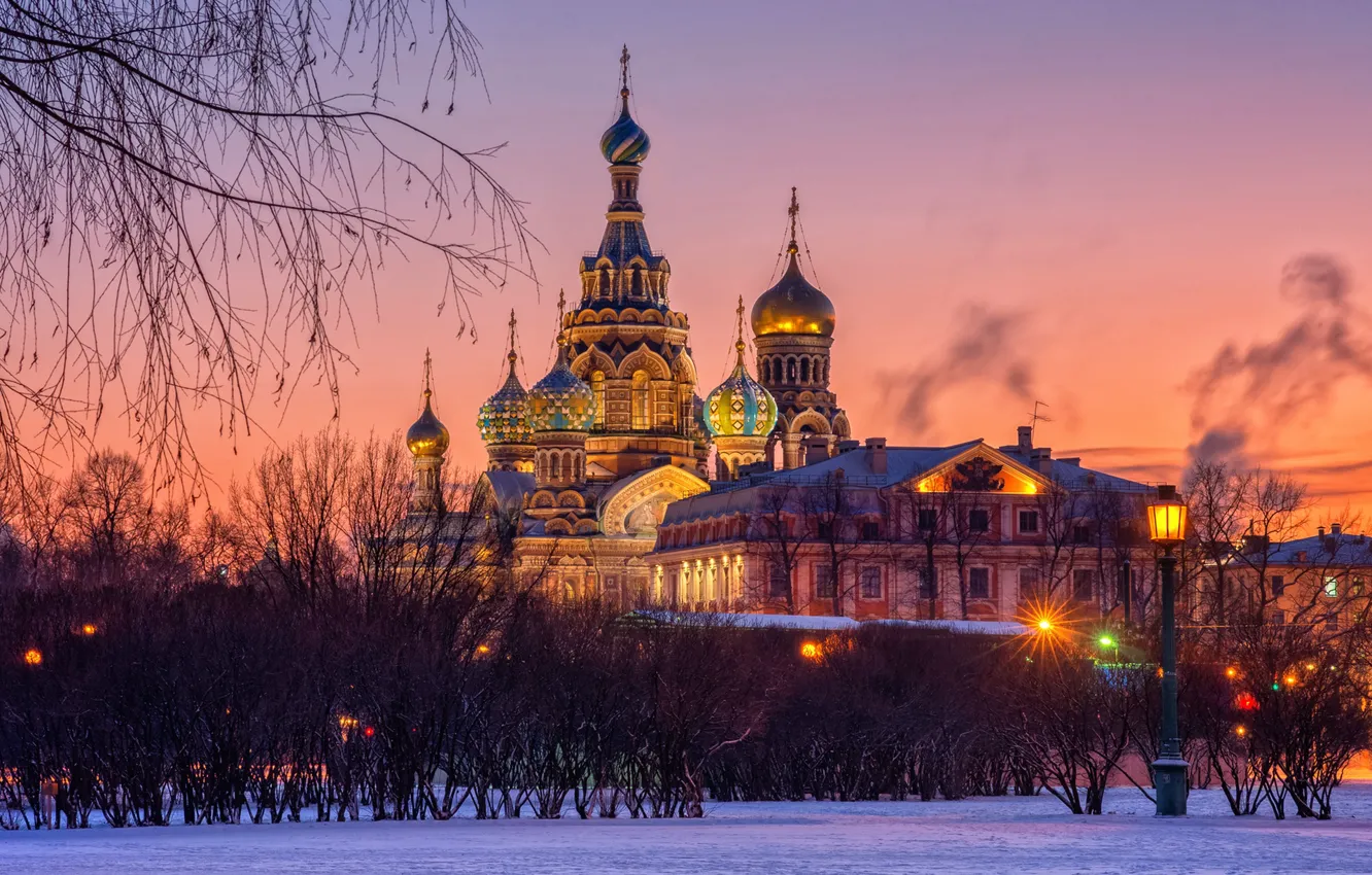 Photo wallpaper winter, sunset, Saint Petersburg, The Savior on Blood