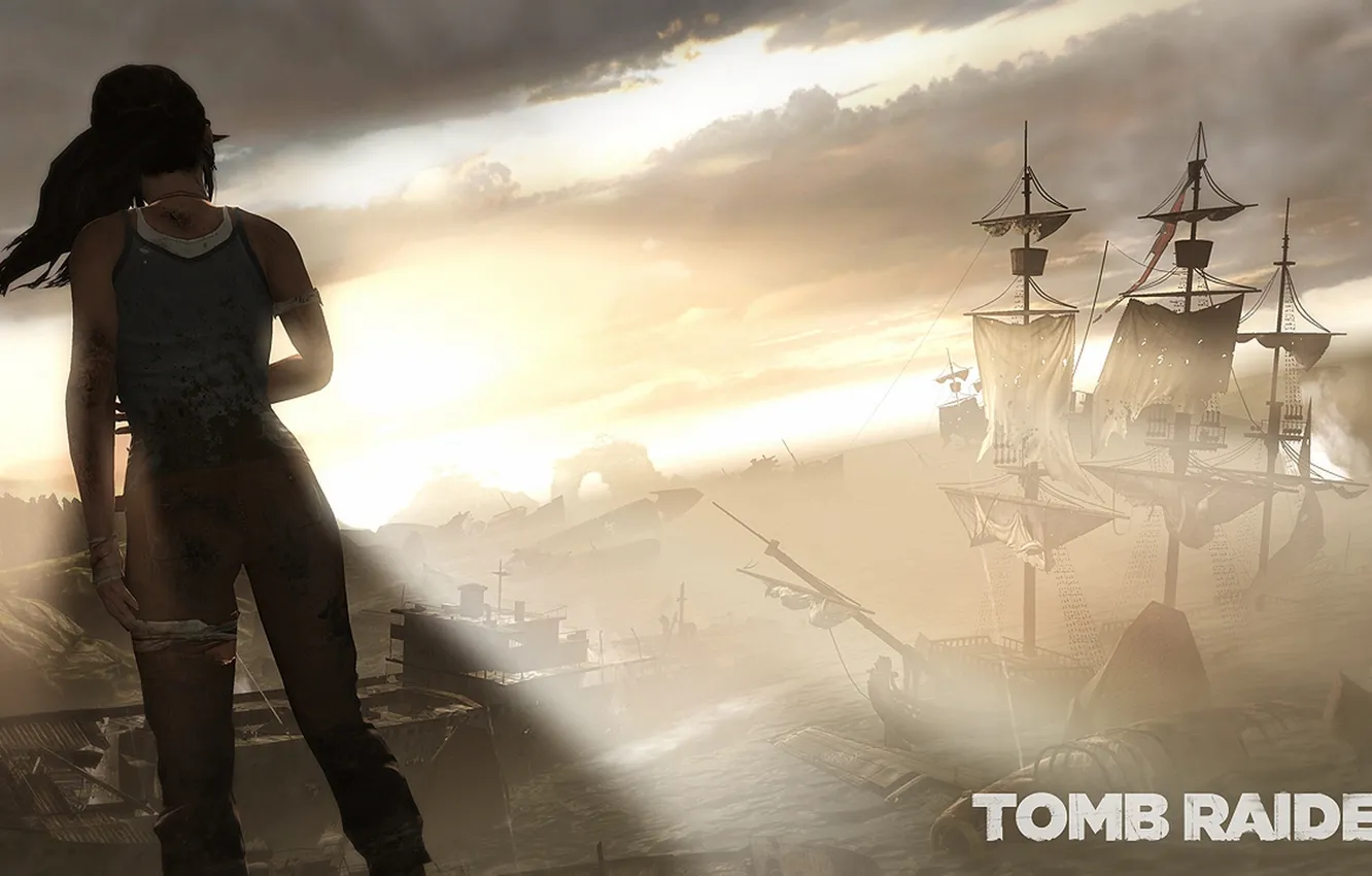 Photo wallpaper the sky, girl, clouds, the game, ship, Tomb Raider, Lara Croft