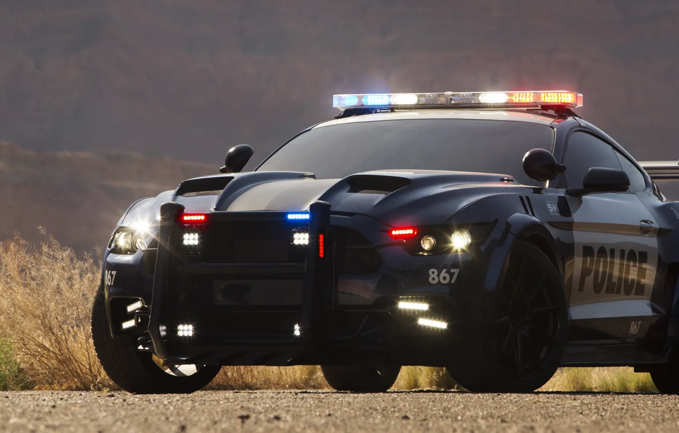Photo wallpaper Ford Mustang, Transformers, Transformers 5: The Last Knight, Barricade, Custom Ford Mustang Police Car