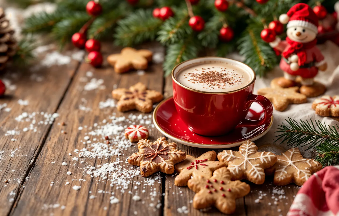 Photo wallpaper decoration, balls, cookies, Christmas, Cup, New year, new year, Christmas