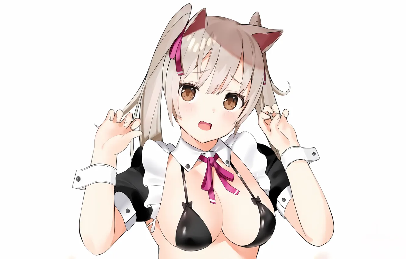 Photo wallpaper girl, sexy, cleavage, blouse, long hair, brown eyes, boobs, animal ears