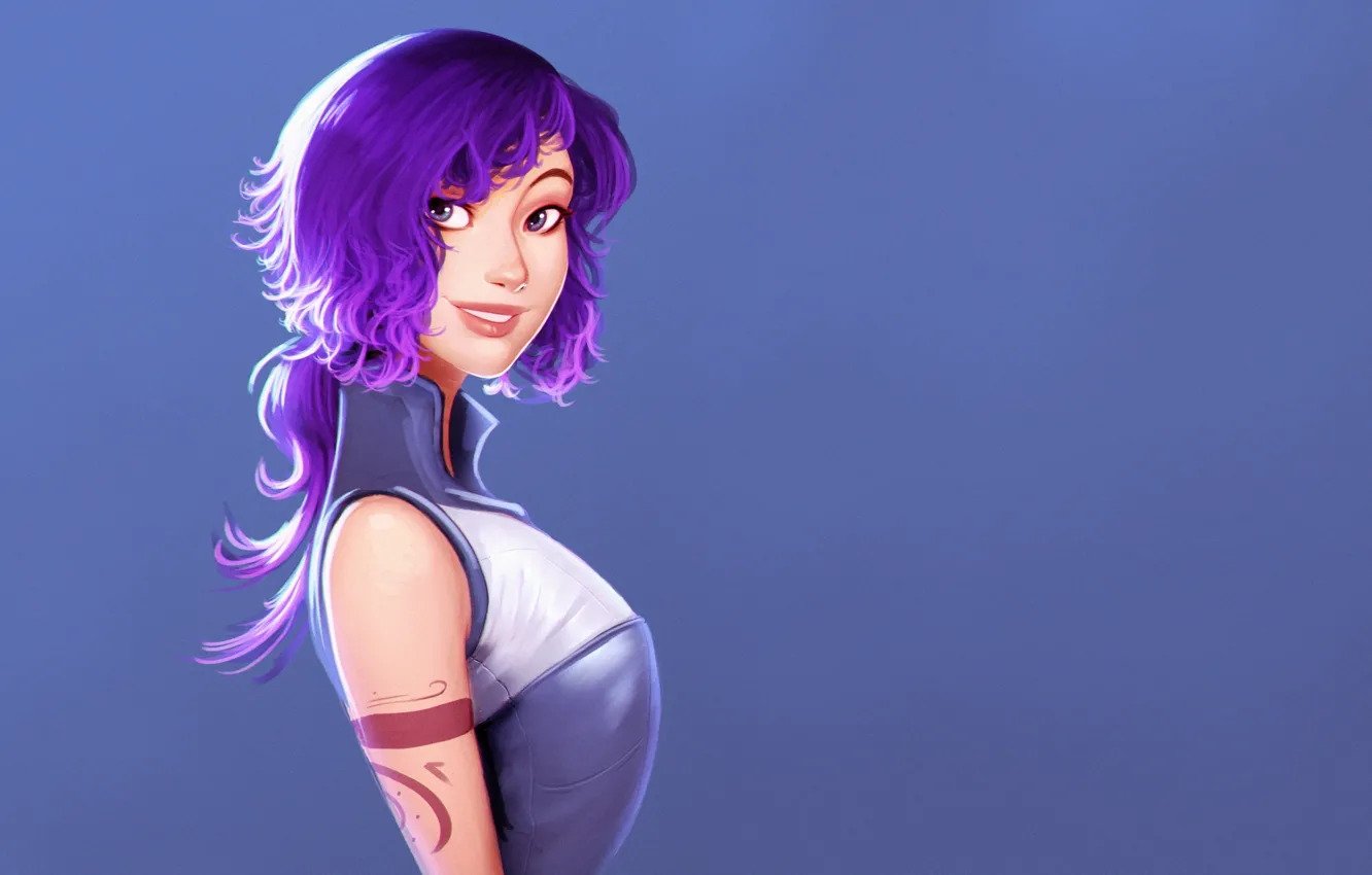 Photo wallpaper girl, smile, figure, art, art, purple hair, blank background, by Raichiyo33