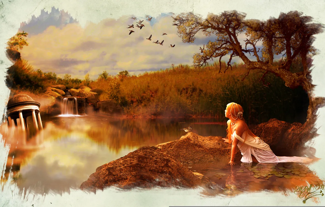 Photo wallpaper the wreckage, girl, trees, lake, bird, art, Lily