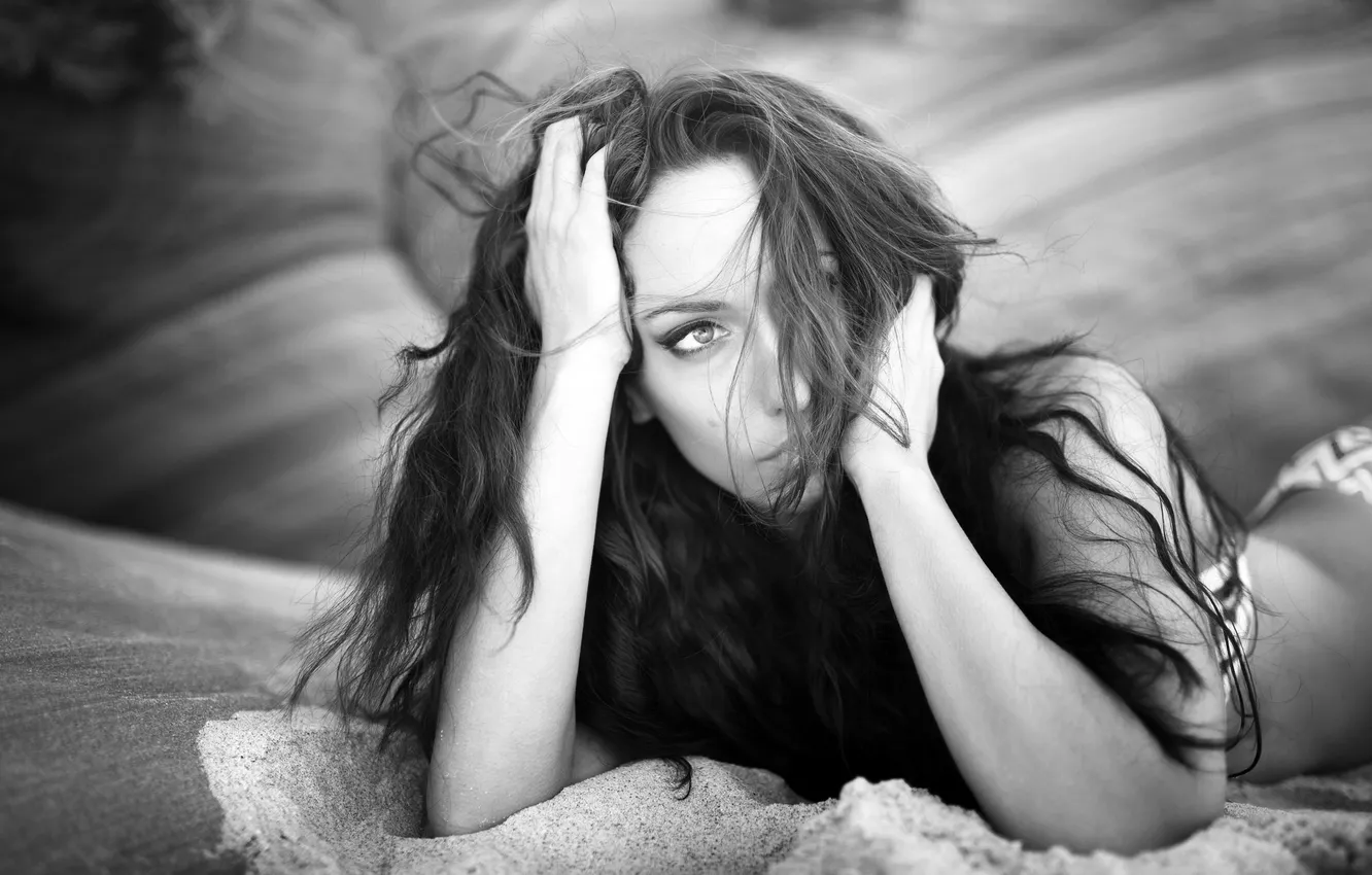 Photo wallpaper eyes, girl, the wind, hair, black and white